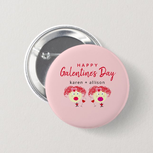 Funny Galentines Day Beste Freunde Rosa Name Button (Vorne & Hinten)