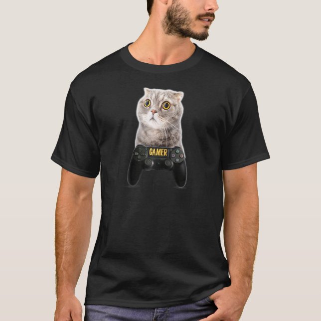 Funny Gamer Cat Videogame Spaß Play Station Cont T-Shirt (Vorderseite)