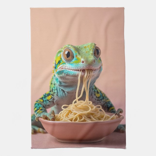 Funny Gecko Eating Spaghetti Geschirrtuch (Vertikal)