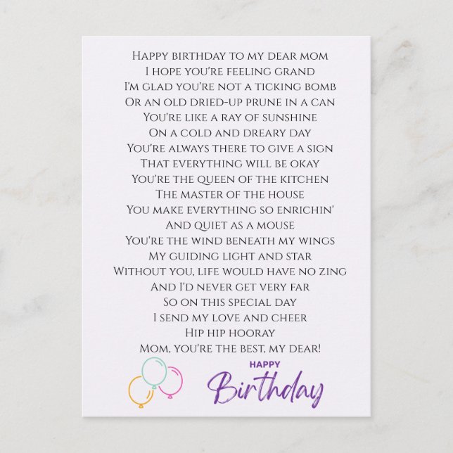 Funny Gedicht für Mama Geburtstag Postkarte (Vorderseite)