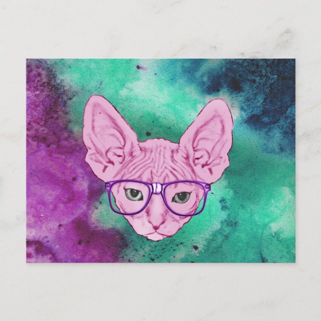 Funny Geeky Cat on Watercolor Backgroun Postkarte (Vorderseite)