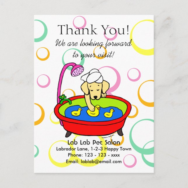 Funny Gelbe Labrador Cartoon Pet Salon Postkarte (Vorderseite)
