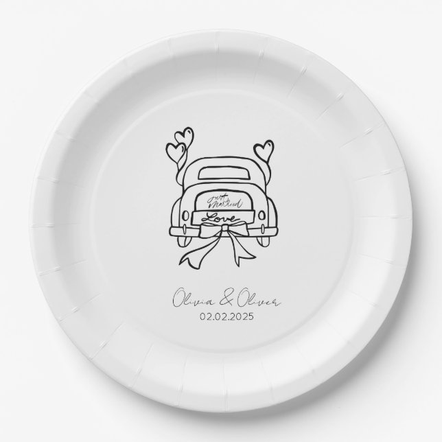 Funny gerade verheiratet Auto Brauch Hochzeit Pappteller (Vorderseite)