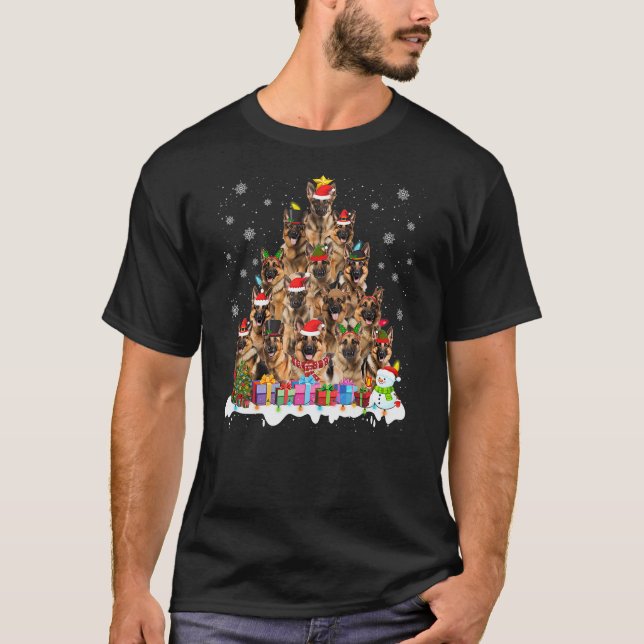Funny German Shepherd Christmas Lights Tree Dog Lo T-Shirt (Vorderseite)