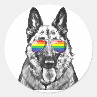 Funny German shepherd Dog Gay Pride Flag Sunglimpf Runder Aufkleber