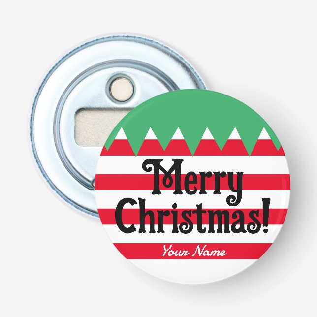 Funny gestreift Weihnachtself Anzug personalisiert Flaschenöffner (Vorderseite)