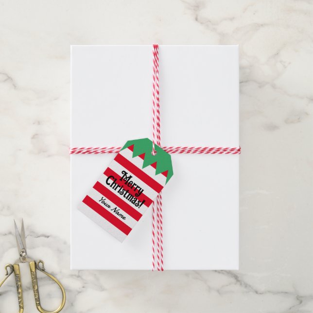 Funny gestreift Weihnachtself Anzug personalisiert Geschenkanhänger (Mit Garn)