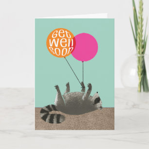 Funny Get Well bald Raccoon Balloons Karte