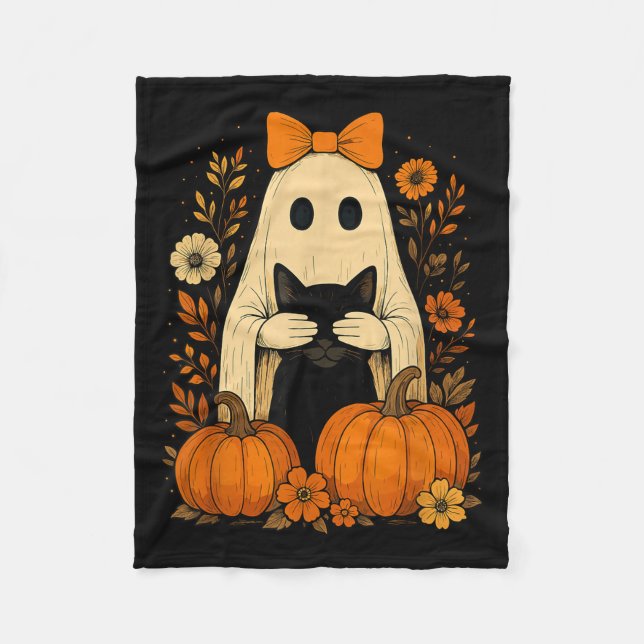 Funny Ghost Bow Holding Black Cat Fall Halloween Fleecedecke (Vorderseite)