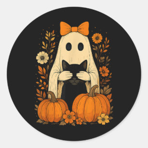 Funny Ghost Bow Holding Black Cat Fall Halloween Runder Aufkleber