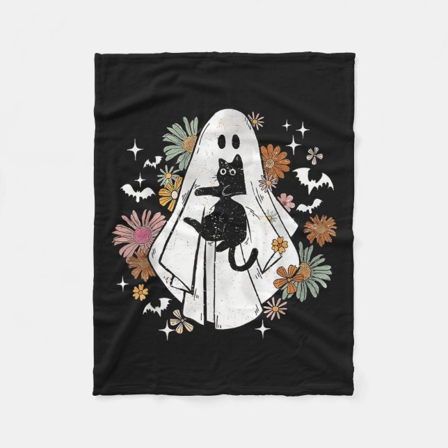 Funny Ghost Holding Black Cat Halloween Ghost Cat Fleecedecke (Vorderseite)