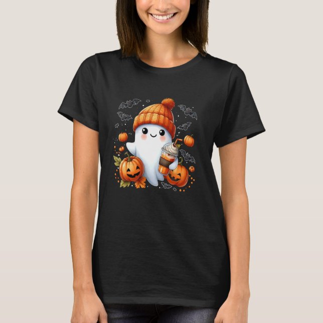Funny Ghost Kaffee Kürbislaterne Spooky Jahreszeit T-Shirt (Vorderseite)
