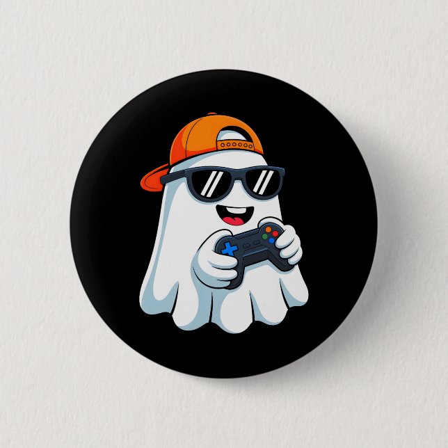 Funny Ghost Playing Video Game Halloween Gaming Bl Button (Vorderseite)