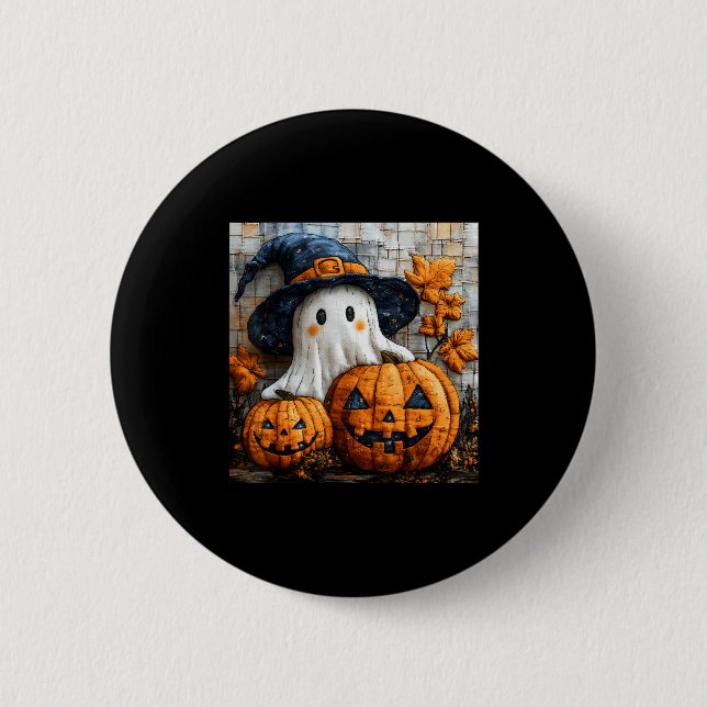 Funny Ghost Pumpkin Cute Halloween Patchwork Art  Button (Vorderseite)