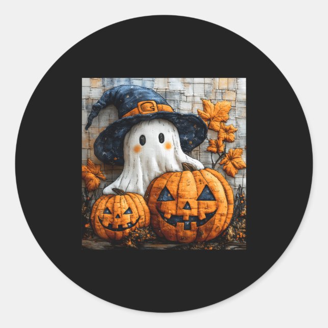 Funny Ghost Pumpkin Cute Halloween Patchwork Art  Runder Aufkleber (Vorderseite)