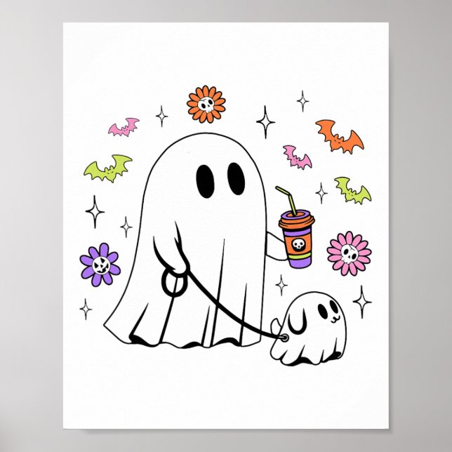 Funny Ghost Walking Dog Spooky Ghost Kaffee Hallow Poster (Vorne)