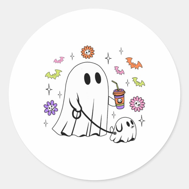 Funny Ghost Walking Dog Spooky Ghost Kaffee Hallow Runder Aufkleber (Vorderseite)