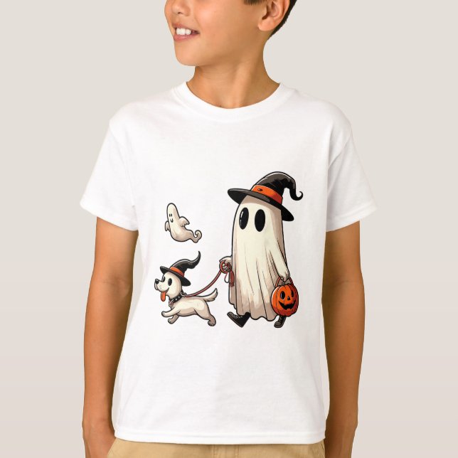 Funny Ghost Walking Dog Spooky Season Halloween Co T-Shirt (Vorderseite)