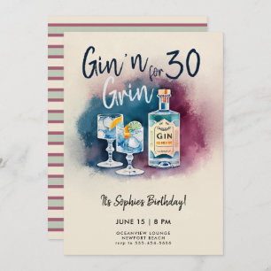 Funny Gin n Grin Party Stripe Modern 30. Geburtsta Einladung