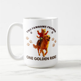 Funny Ginger Cat Riding Golden Retriever_realistis Kaffeetasse