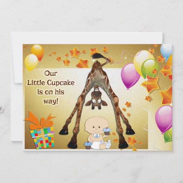 Funny Giraffe, Baby Boy und Cupcakes Babydusche Einladung (Vorderseite)