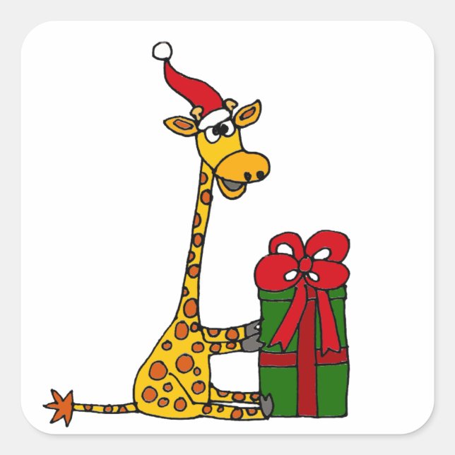 Funny Giraffe in der Weihnachtsmannmütze Weihnacht Quadratischer Aufkleber (Vorderseite)