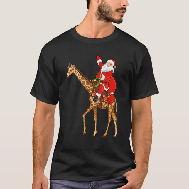 Funny Giraffe Lover Santa Riding Giraffe Weihnacht T-Shirt (Vorderseite)