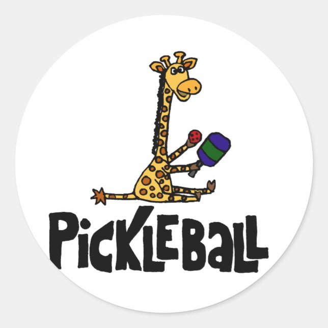 Funny Giraffe Playing Pickleball Cartoon Runder Aufkleber (Vorderseite)