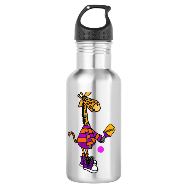 Funny Giraffe Playing Pickleball Edelstahlflasche (Vorderseite)
