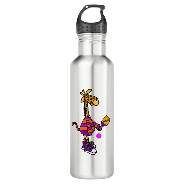 Funny Giraffe Playing Pickleball Edelstahlflasche (Vorderseite)
