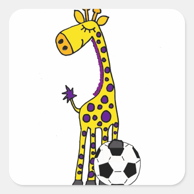 Funny Giraffe Playing Soccer Cartoon Quadratischer Aufkleber (Vorderseite)