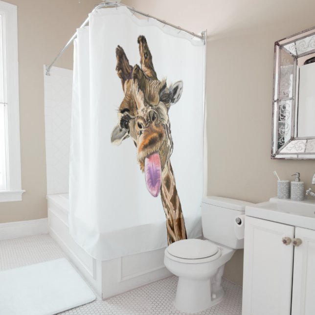 Funny Giraffe Tongue Out and Playful Wink - Fun Duschvorhang (Beispiel)