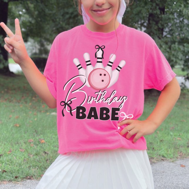 Funny Girls BOWling Birthday BABE Pink Bows Party T-Shirt (Cute funny BOWling theme birthday babe hot pink black and white bows birthday girl t-shirt)