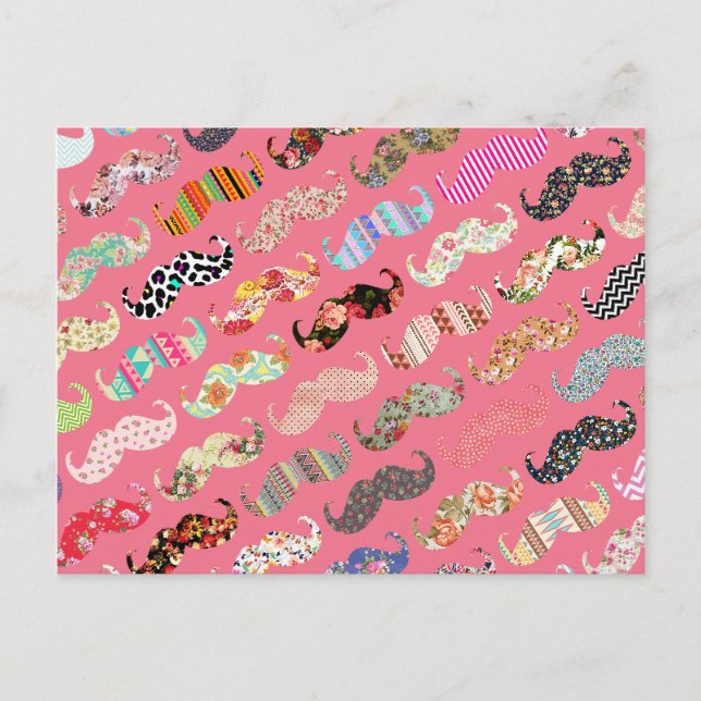 Funny Girly farbenfroh rosa Aztec Muster Mustaches Postkarte (Vorderseite)