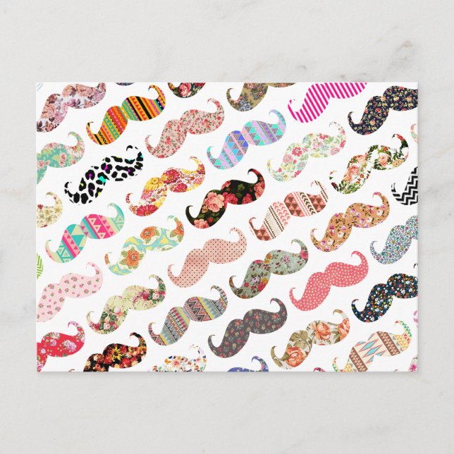 Funny Girly farbenfrohe Muster Mustaches Postkarte (Vorderseite)