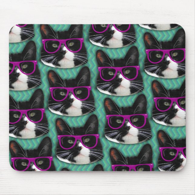 Funny Glasses Tuxedo Cat Pattern Mousepad (Vorne)