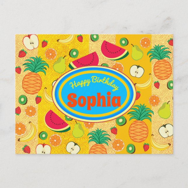 Funny glücklicher Geburtstag buntes Obstlabel fröh Postkarte (Vorderseite)