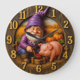Funny Gnome and Pig in Autumn Harvest Scene clock Große Wanduhr