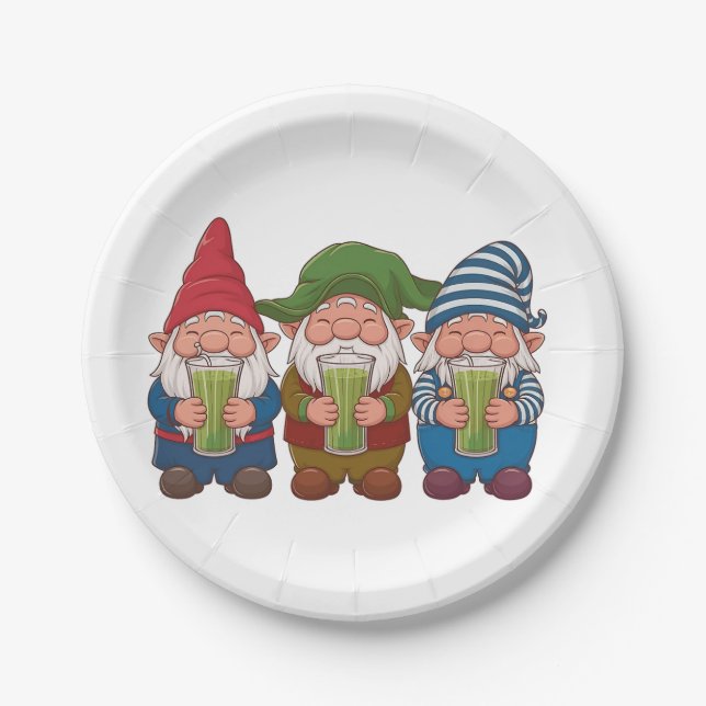 Funny Gnomes Holding a Matcha Drink Magical Pappteller (Vorderseite)