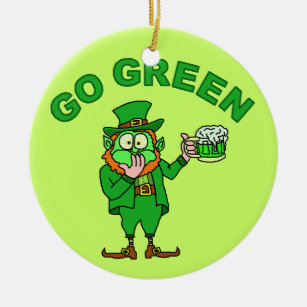 Funny "Go Green" Leprechaun Beer Keramik Ornament