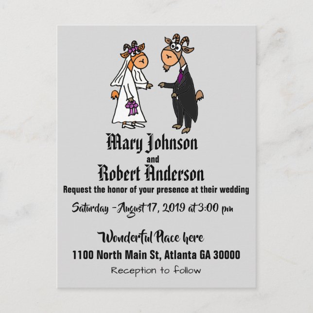 Funny Goat Brie and Groom Wedding Einladung (Vorderseite)
