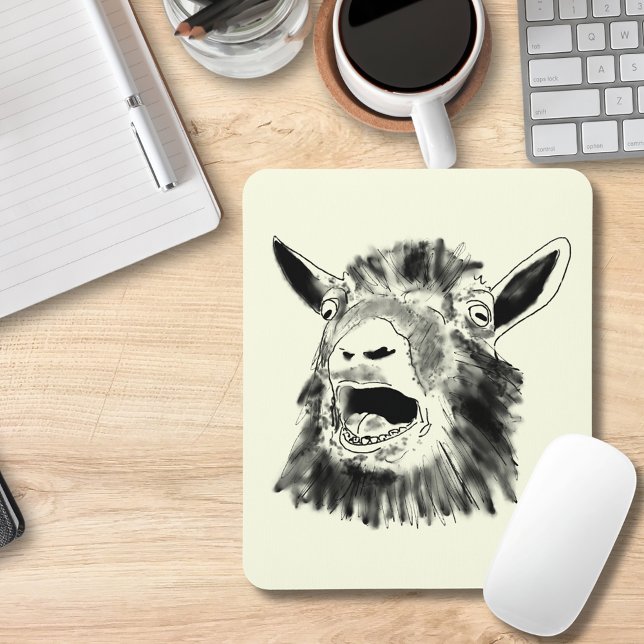 Funny Goat schrie Zeichnend Quirky-Tierkunst Mousepad (Funny screaming goat black and white illustration mouse mat farm animal humor)