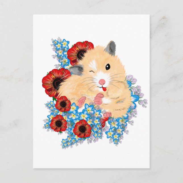 Funny Golden Syrian Hamster sitzend in Blume Postkarte (Vorderseite)