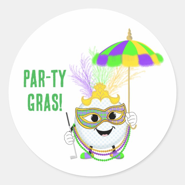 Funny Golf Ball Celebrating Mardi Gras  Runder Aufkleber (Vorderseite)