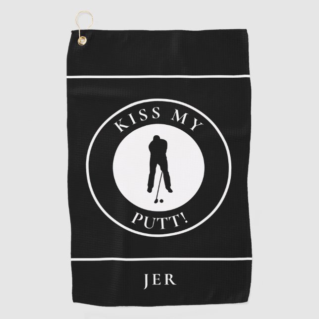 Funny Golfer Putt Spaß Moderne Monogram Mens Black Golfhandtuch (Vorderseite)