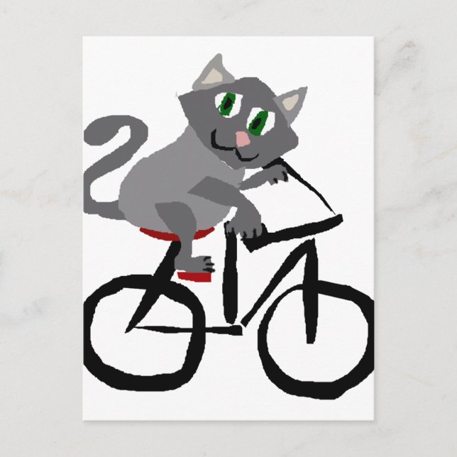Funny Gray Kitty Cat Reiten Bicycle Postkarte (Vorderseite)