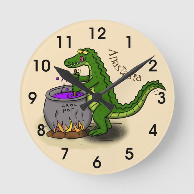 Funny green alligator cooking cartoon runde wanduhr (Vorderseite)