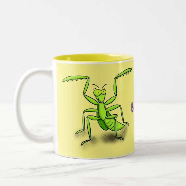 Funny green beten mantis Cartoon Illustration Zweifarbige Tasse (Links)
