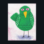 Funny Green Bird Postcard Postkarte<br><div class="desc">Ein lustiger grüner Vogel in der Volkskunst, kindlicher Stil auf einem rosa und weiß bestickten Hintergrund.</div>