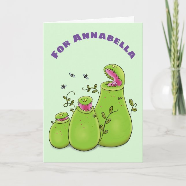 Funny green carnivorous pitcher plants cartoon karte (Vorderseite)